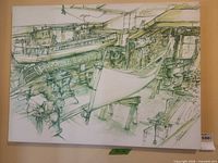 Full view of the canvas print on wall, showing nautical workshop illustration