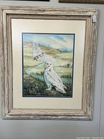 Front view of framed snowy owl watercolor