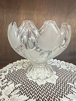 Full view of Indiana Glass footed bowl showing clear and frosted panels