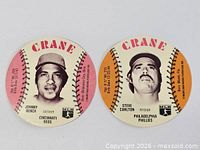 Front view of both 1976 Crane baseball disc cards Johnny Bench and Steve Carlton