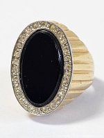 Oblique front view showing black cabochon, rhinestone halo, and gold plated fluted band