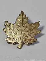 Front view of gold tone maple leaf brooch showing etched vein detail