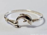 Full view of sterling silver bangle with dolphin clasp