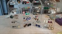 Four-panel acrylic display holding assorted earrings, full lot visible