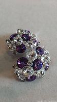 Both clip earrings showing clustered purple and clear crystals