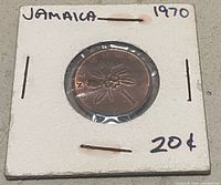 Reverse side of 1970 Jamaica one-cent coin showing ackee design