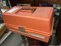 Closed Woodstream 1080 tackle box, top view showing handle