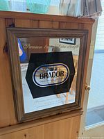 Full view of framed Molson Brador mirror sign in wood frame