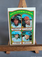 Front view of 1972 Topps card displaying four pitcher portraits and title