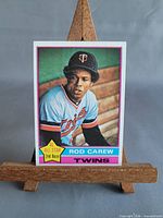 Front view of full 1976 Topps Rod Carew card on display stand