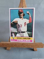 Front view of 1976 Topps Steve Carlton card on easel