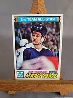 Front of 1977 Topps Lanny McDonald trading card on stand