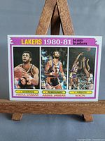 Front view of the 1981 Topps #55 Lakers team leaders card on stand