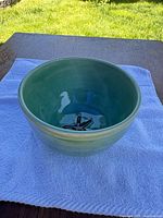 Exterior view of green-teal glazed stoneware bowl