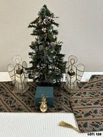 Full lot showing tree, runner, two stained glass angel holders and Baldwin ornament box
