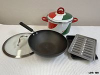 Overall view of cookware lot including pasta pot with lid, wok with lid, roasting pan with tray