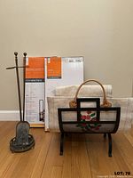 Group shot showing log basket, canvas carrier, boxed brackets, brass stand with shovel