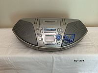 Front view of Panasonic RX-ES25 boombox showing control panel and speakers