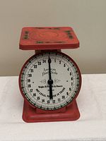 Front view showing dial, brand name, red metal body