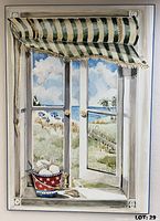 front view of seaside window scene print on wood panel