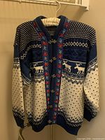 Front view of blue and cream Nordic wool cardigan showing pattern and metal toggle clasps