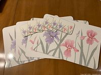 Placemat and coaster set arranged to show floral iris design and quantity