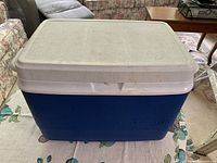 Closed blue and white Rubbermaid cooler front view