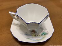 Teacup resting on saucer showing interior shape and blue rim