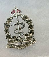 Front view of silver-plated brooch showing Rod of Asclepius, rhinestones, pink enamel crown