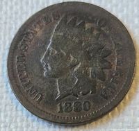 Obverse of 1880 Indian Head Cent showing date and Liberty profile