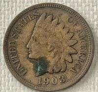 Obverse view showing Liberty profile, date 1903, UNITED STATES OF AMERICA legend, visible verdigris spot