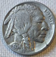 Obverse of 1934 Buffalo nickel showing Native American profile, LIBERTY legend, and date