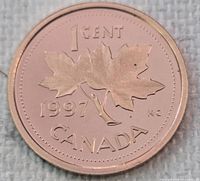 Reverse showing 1997 date, 1 Cent denomination, maple leaf twig and KC initials