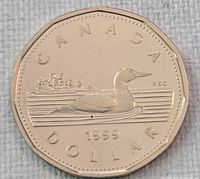 Reverse side of 1999 Canadian Loonie showing loon design and date
