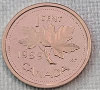 Reverse showing maple leaf design, date 1999, denomination 1 cent, CANADA legend.