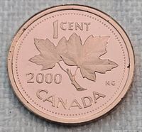 Reverse showing twin maple leaves, 1 CENT, 2000, CANADA, designer initials KG
