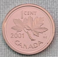 Reverse showing maple leaves, 1 Cent, 2001 CANADA legend