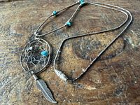 Full view of necklace showing liquid silver strand, turquoise spacers, dreamcatcher pendant and feather charm