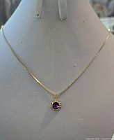 Full view of gold tone necklace on bust showing chain length and pendant