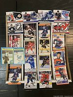 Top view of open storage box filled with hockey cards showing sample cards and team logo header cards