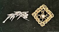 Front view of both brooches showing designs, stones and finishes