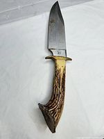 Full view of knife showing blade, brass guard and antler handle