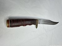 Full view of knife left side showing blade, handle, guard, pommel
