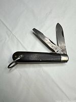 Knife open showing both carbon-steel blades and wood handle