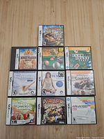 Front view of all ten DS game cases arranged in grid