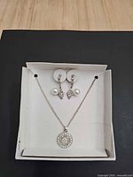 Necklace and earrings displayed in box, close view