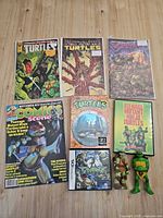 Group shot of all comics, magazine, DVD, DS game and figures on wooden surface