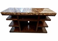 Front view of dark brown wood TV stand with faux marble top and open shelving