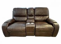 Front view of brown leather power dual-reclining loveseat with center console