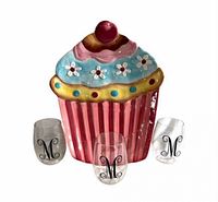 Cupcake ceramic platter centered with three clear plastic monogrammed cups displayed around it